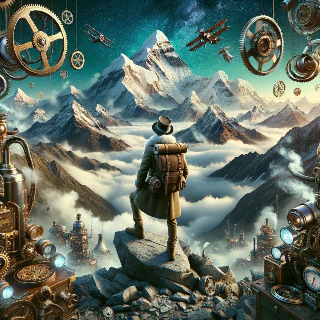 someone gazing at Mount Everest, digital art, steampunk